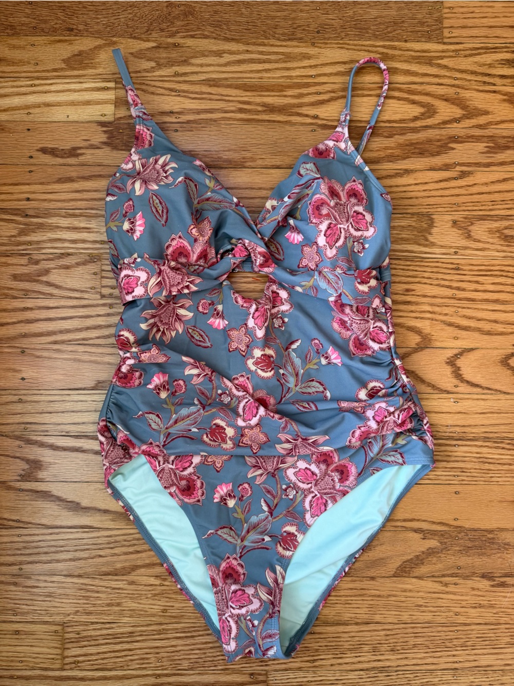 Floral Halter One Piece Swimsuit Cutout Tie Front Blue Pink Size Large